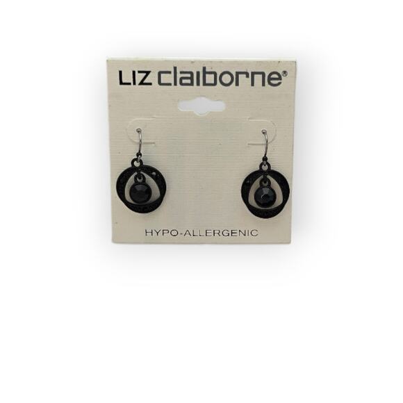 Black Art Deco Circle Drop Earrings Liz Claiborne Hypoallergenic Dangle Earrings - Picture 5 of 6